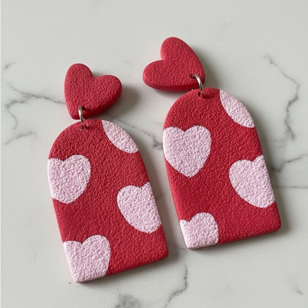 Heart Print Arched Dangle - Handmade Earrings- Red/Pink
